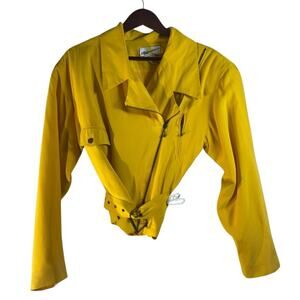 Vintage 80s Yellow Silk Moto Jacket Bold Shoulders Structured Hong Kong Made